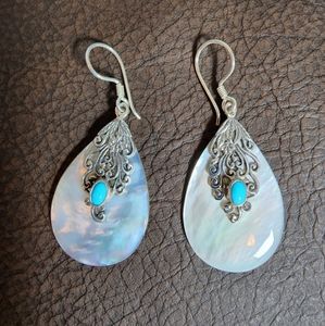 NWT Bali Style Mother of Pearl Turquoise 925 Sterling Silver drop earrings